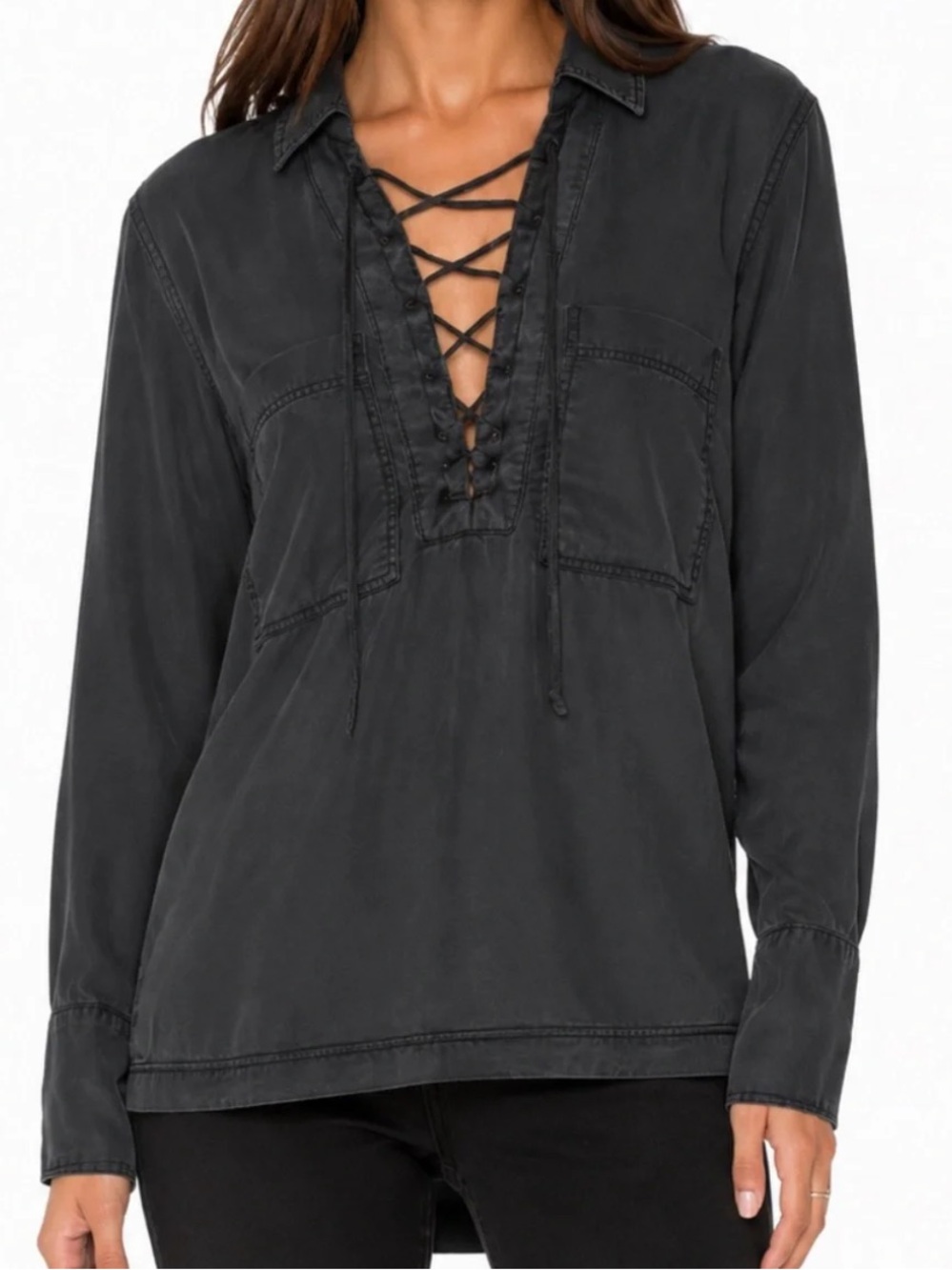 (2/$20) Free People Under Your Spell Lace Up Tencel Tunic Blouse Charcoal